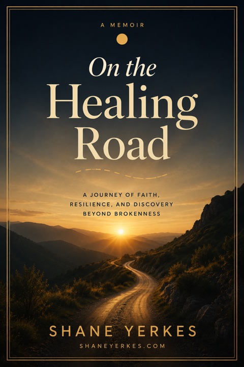 Stand-in cover for On the Healing Road: a winding road through hills at sunrise, with the title and Shane Yerkes' name