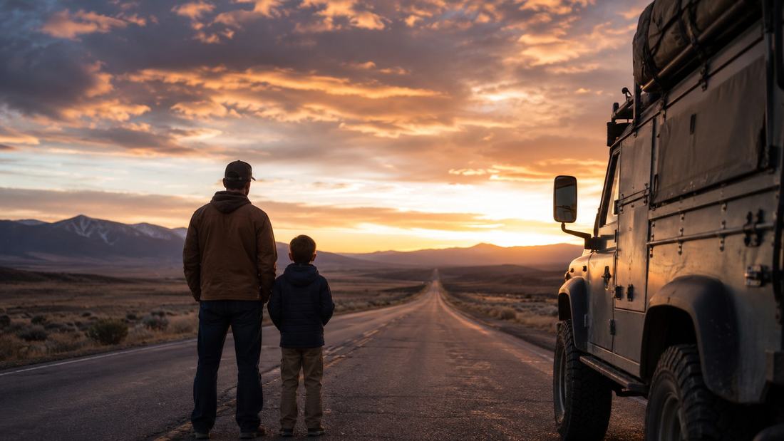 A father and his young son standing on an empty highway at sunset beside an overland truck